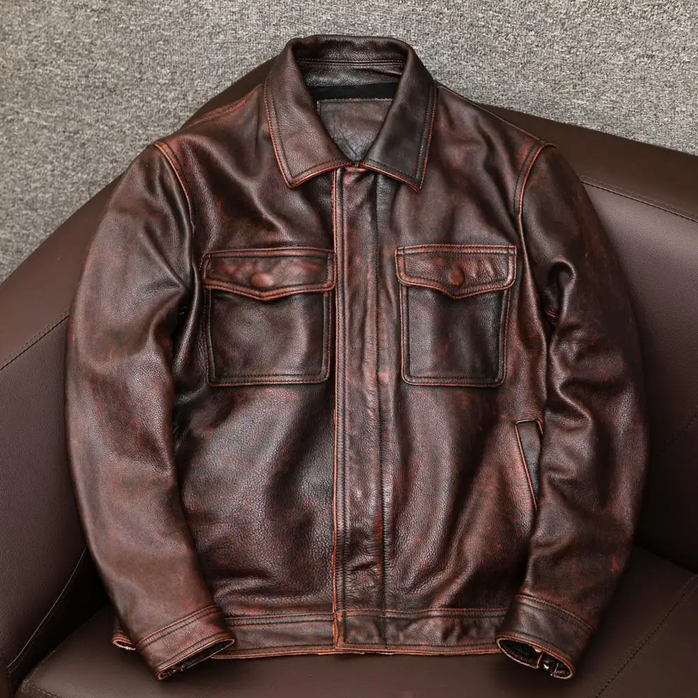 New Men’s Lapel Short-Sleeve Length Cowhide Texture Leather Jacket, Spring Autumn Fashion Trendy Versatile Casual Coat
