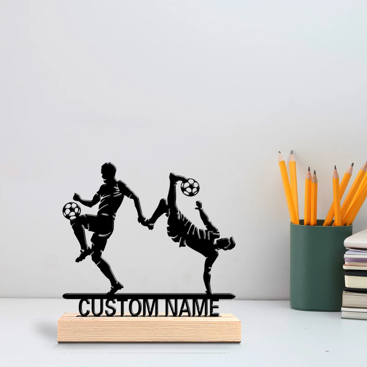 1pc Abstract soccer Custom Name Tin Statue Iron Sculpture Handicraft With Wood Base Tin Sculpture For Bedroom Desk Decor