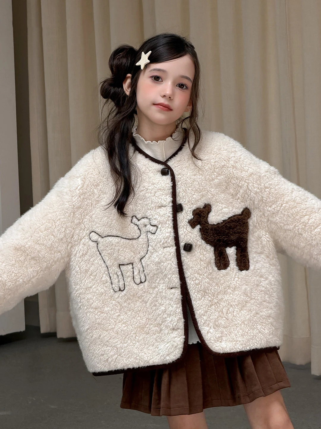 Girl's Faux Fur Coat – Cute Cartoon Animal Print Heavyweight Warm Cardigan Jacket for Fall Winter, Fuzzy Outerwear