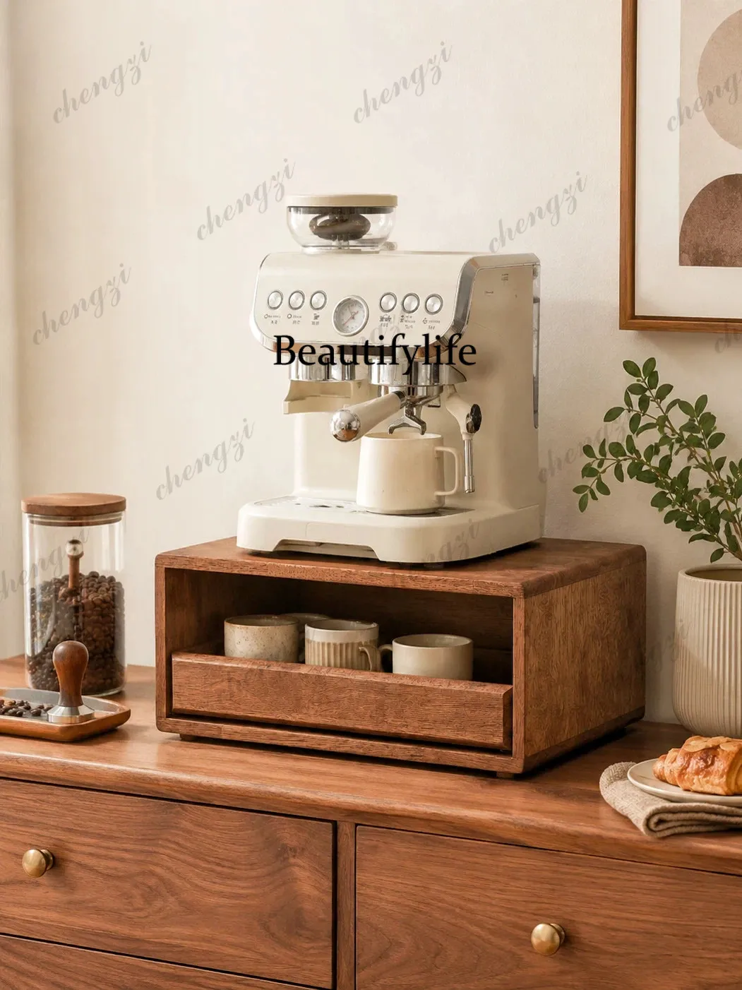 All solid wood coffee machine rack, drawer type heightening rack, desktop coffee corner storage rack, cup and tea set storage.