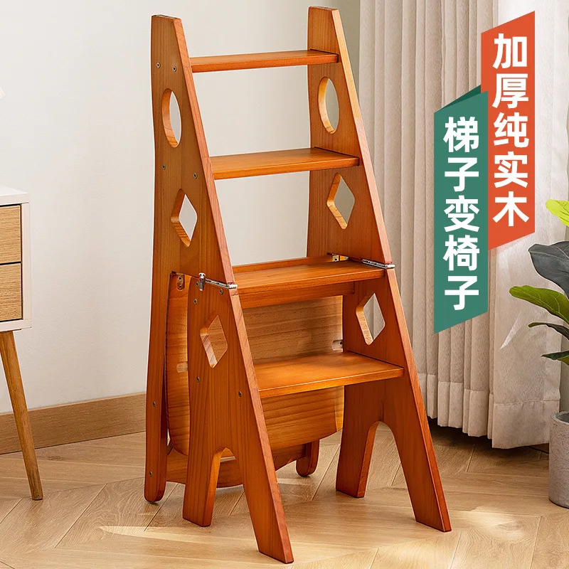 Silla con escalera de madera maciza, silla para el hogar, taburete plegable telescópico de doble uso, espiga para escalada en interiores