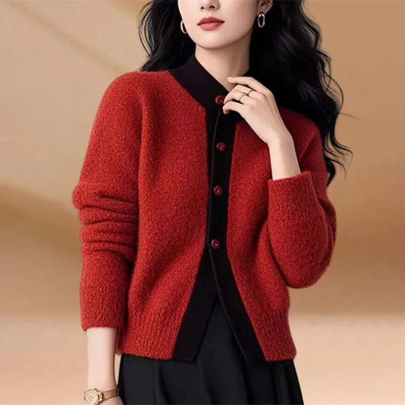 

Autumn Winter round Neck Spliced Color New Year Red Knitted Sweater Coat High End Women's Luxury Vintage Open Cardigan