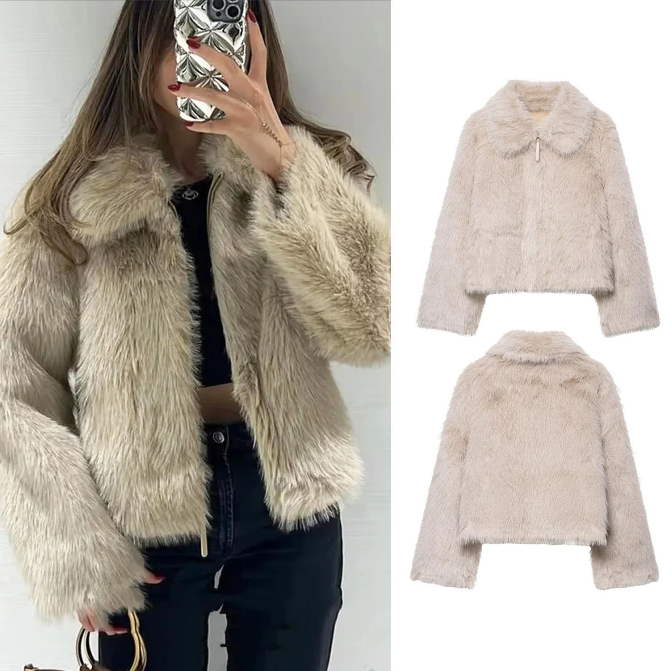 

Women Short Faux Fur Coat 2025 Female Autumn Winter Long Sleeve Simple Zipper Jacket Lady Warm Elegant Chic Outwear Jackets