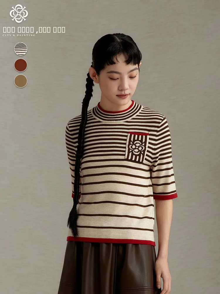 

Повседневный свитер с пятью пуговицами, круглый вырез, облегающий пуловер, нижняя одежда, смесь полиэфирного волокна, в полоску, для женщин...