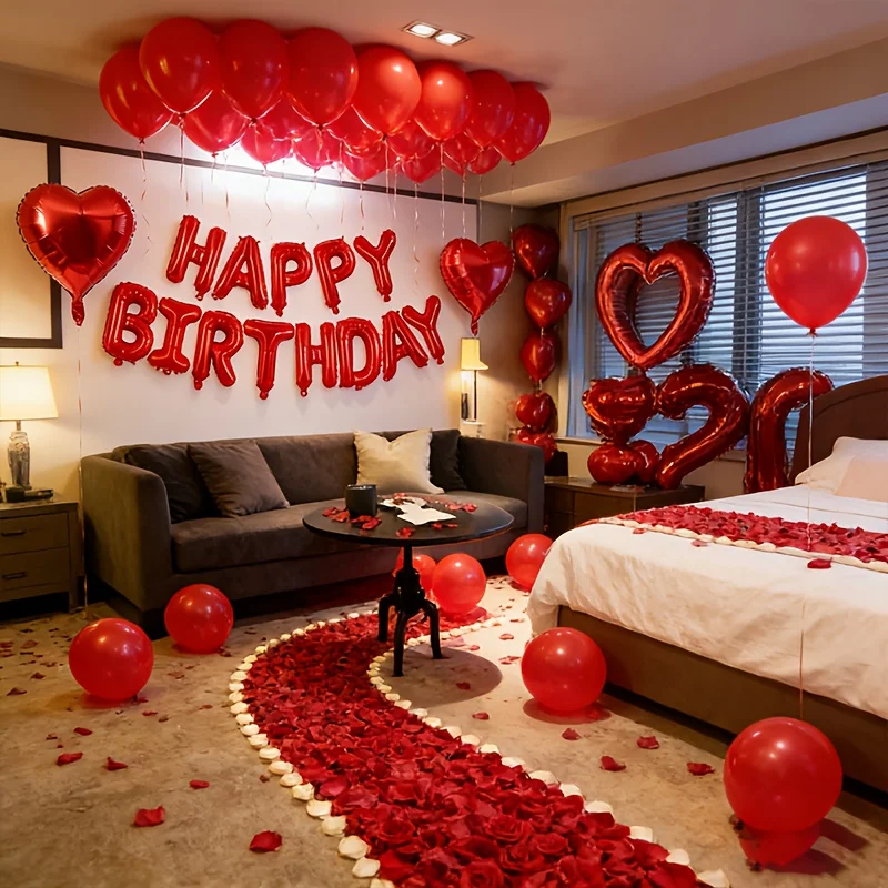 253 Stück HAPPY BIRTHDAY Luftballons 18 Zoll Rote Herz-Folienballons, 200 Stück Künstliche Blütenblätter für Geburtstag Valentinstag Party-Dekoration