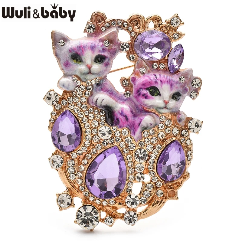 Wuli&baby Lovely 2 Cats Brooch Pins 4-color Enamel Royal Style Charming Cat Pets Brooches For Women's Clothes Badge Gifts