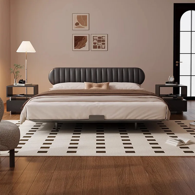 

Ultra-thin backrest bedside antique suspension bed black leather bed retro small apartment leather new