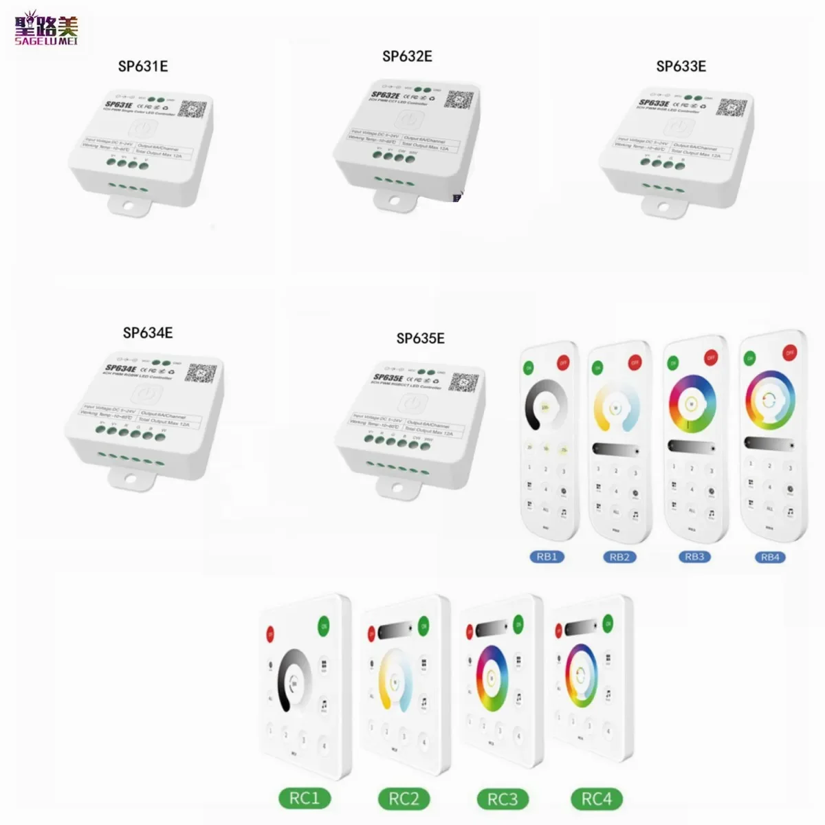 SP631/632/633/634/635E RB1/2/3/4 RC1-4 DC5-24V 1-5CH PWM Controller Dimmer Remote For Single Color/CCT/RGB/RGBW/RGBCCT LED Strip