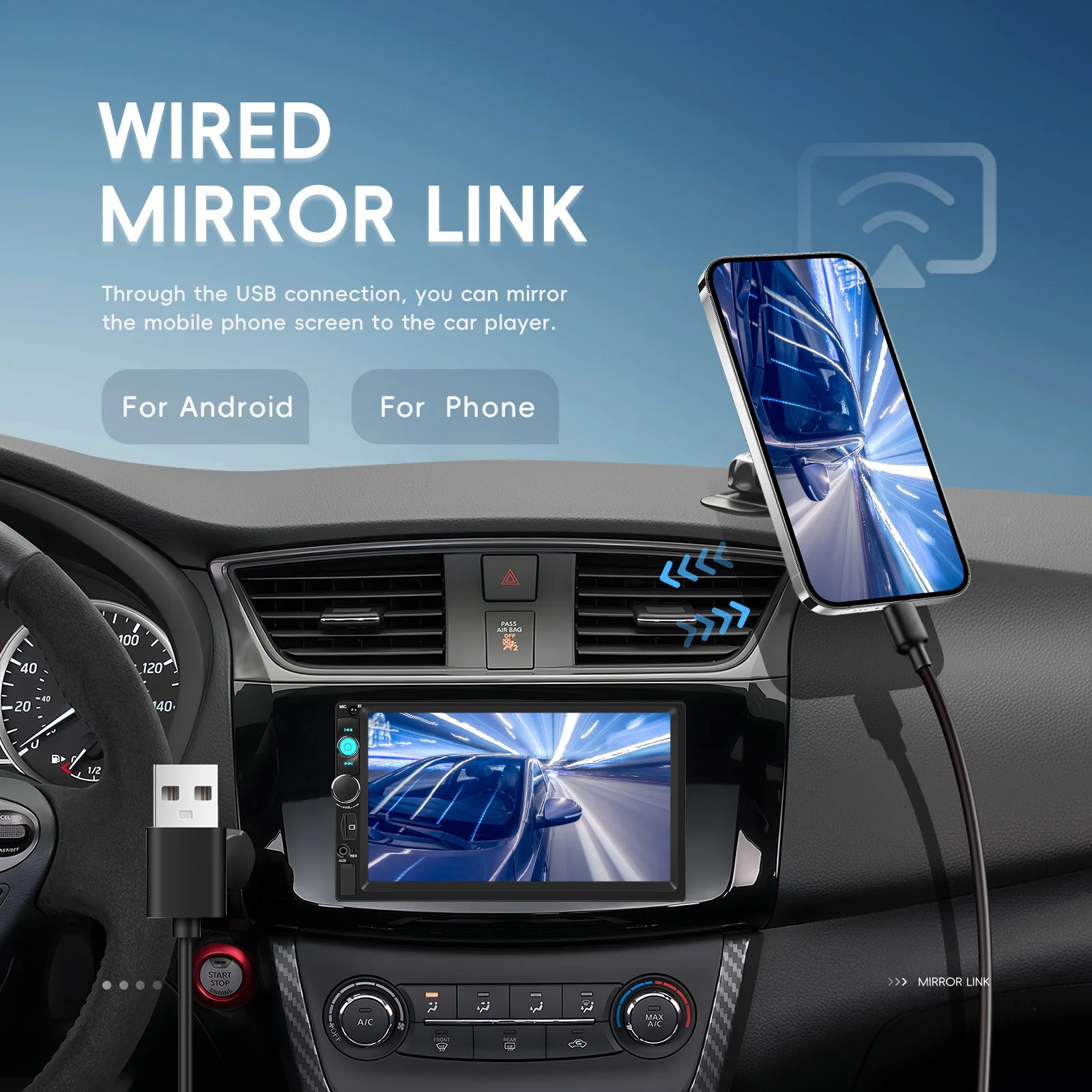 7-Inch Touch Screen Car MP5 Stereo - Wired Mirror Link, Share Same Video, FM Radio, EQ, USB, BT, Steering Wheel Control