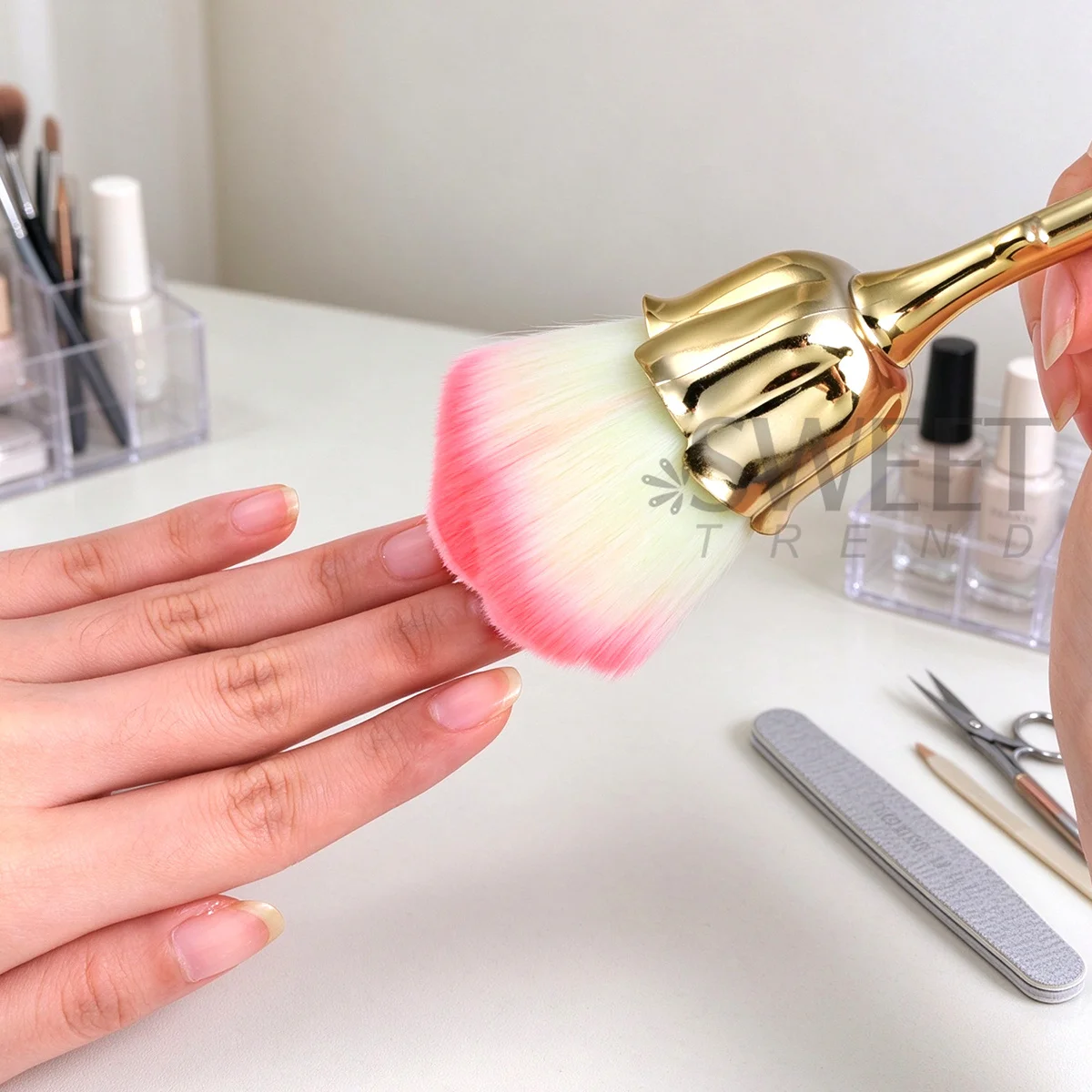 Rose Design Nail Cleaning Brush Remover Dust Soft Bristles Metallic Long Handle Care Tools DIY Salon Makeup Cleaner Manicure Pen