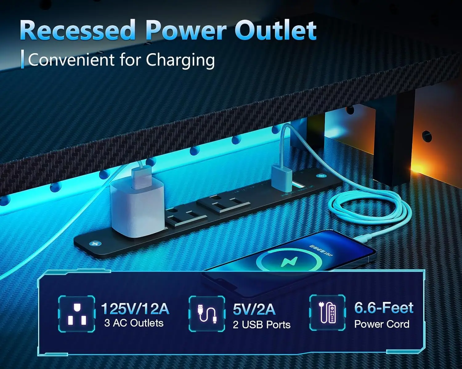 مكتب ألعاب مقاس 59 بوصة مع منافذ شحن USB وإضاءة LED - مكتب كمبيوتر قابل للعكس مع أرفف تخزين