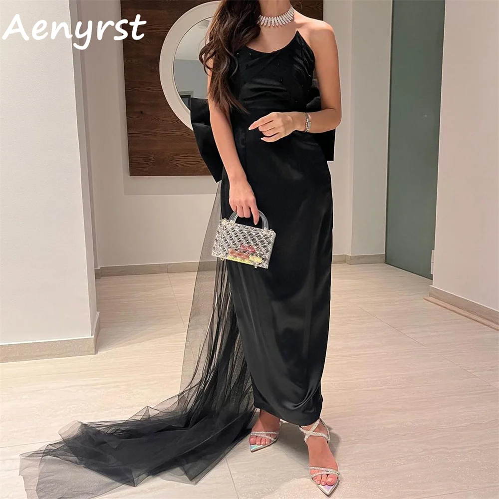 

Aenyrst Black Strapless Straight Evening Dresses Detachable Bow Tulle Train Prom Gowns Party Dress For Women 2025 فساتين السهرة