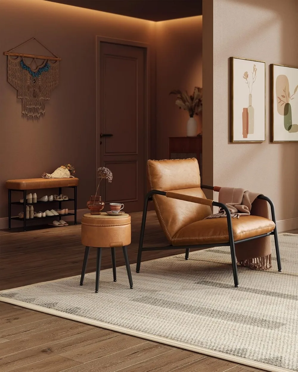 مقعد رف أحذية حديث من منتصف القرن مع مساحة تخزين، جلد صناعي، يحمل 300 رطل، بني كراميل للمدخل #2