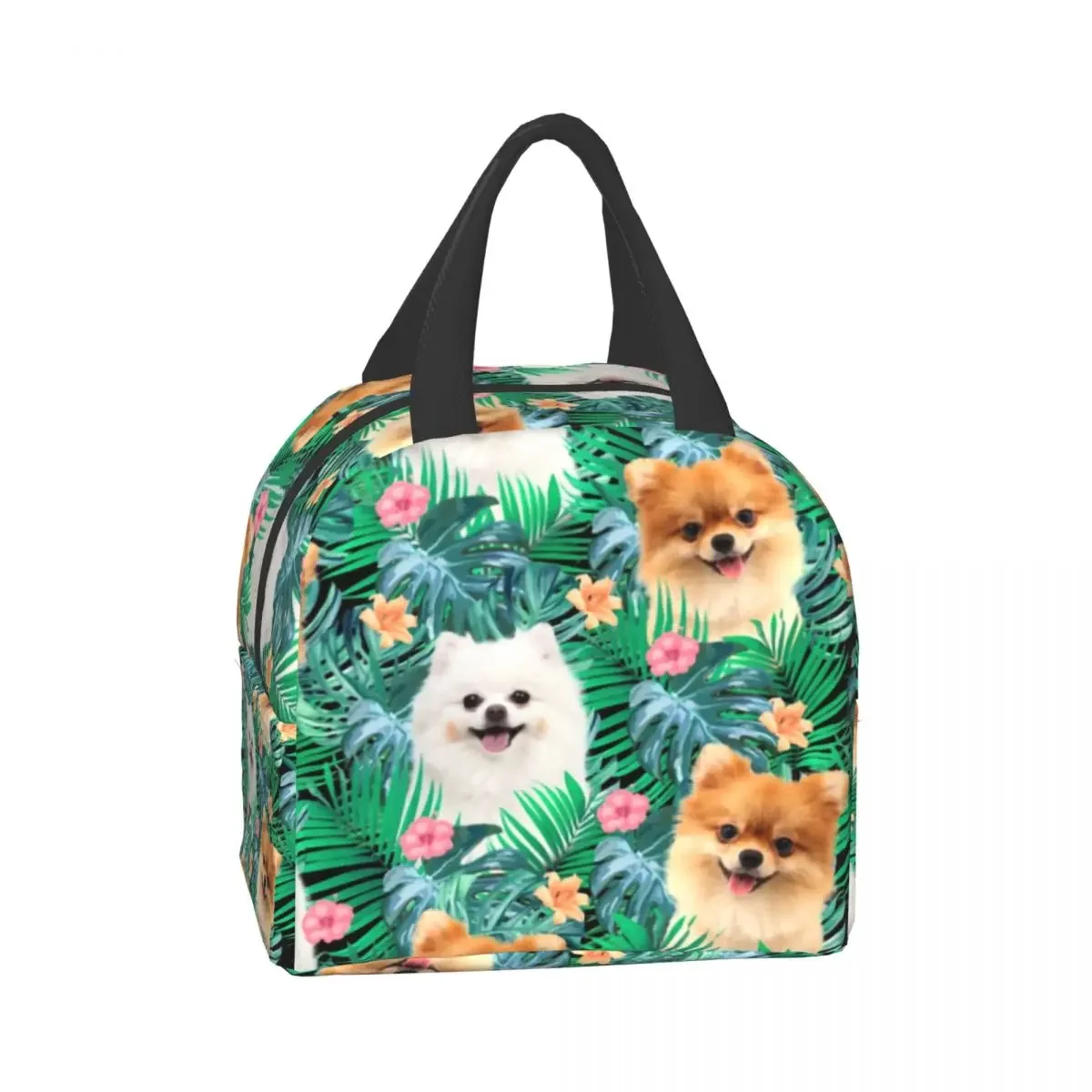 Pomeranian Dog With Summer Leaf Insulated Lunch Bag for School Office Pet Spitz Resuable Thermal Cooler Bento Box Women Kids