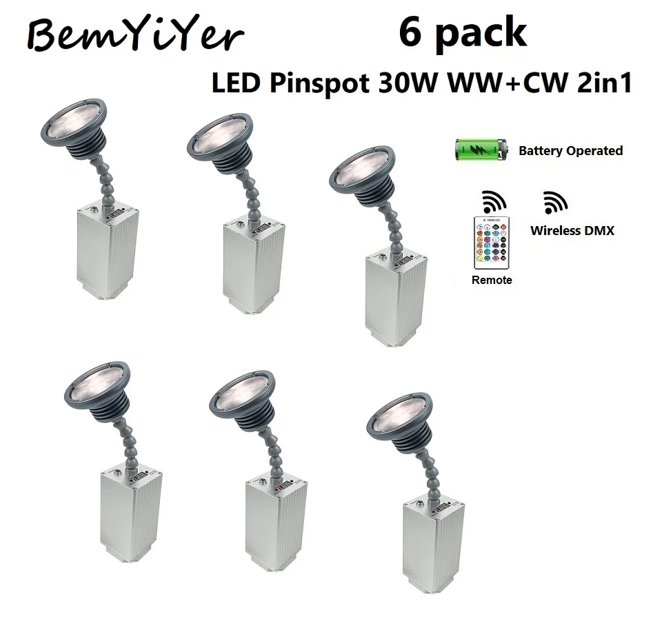 

6 упаковок BemYiYer 30 Вт светодиодный точечный светильник для мытья стола, беспроводной DMX аккумулятор, ИК для свадебных мероприятий в отеле, ресторане/CW WW 2IN1