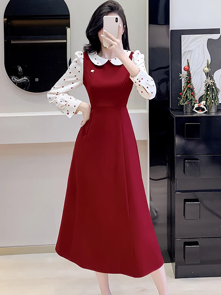 

2026 Red Patchwork Polka Dot Long Sleeve Doll Collar Long Dress Elegant Luxury Wedding Dress for Women Spring Fashion Prom Dress