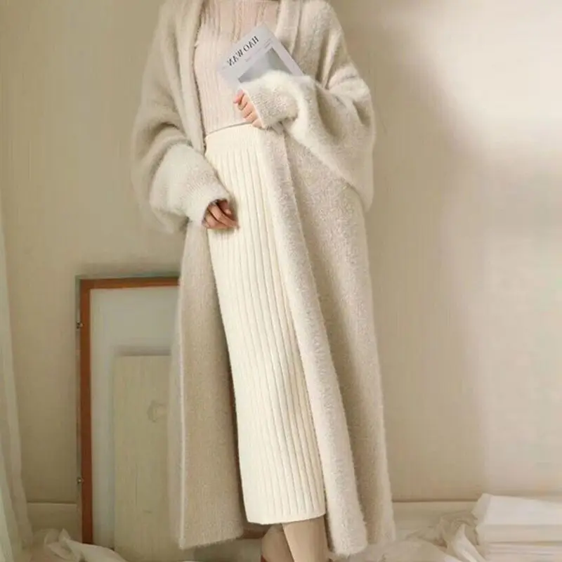 white Long Cardigan for women winter clothes Knitted fluffy long sleeve Cashmere sweater coat  style warm vintage