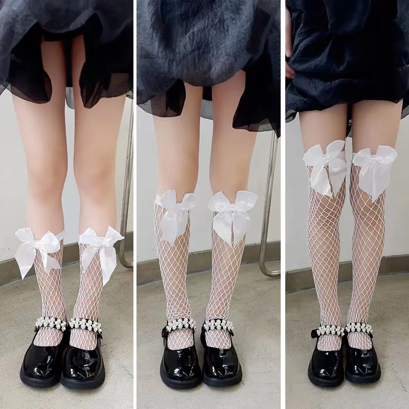 Girl Fashion Fishing Net Knee Socks Baby Elasticity Cute Bow Hollowed Out Stockings Kids Children's Lolita JK Fishnet Long Sock