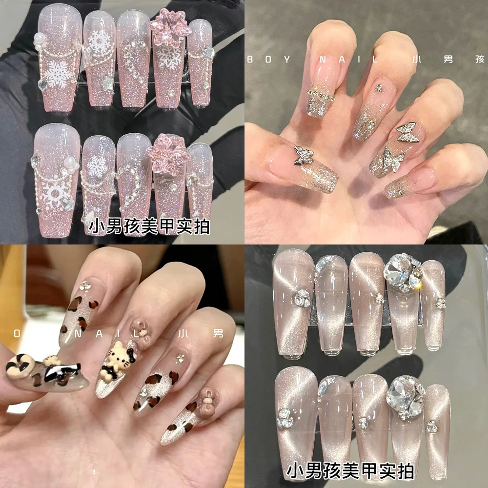 10Pcs Handmake France Hello Kitty Press On Nails Gradient 3D Rhinestone Cat Eye Pearl Fake Nail Patches Removable Reusable