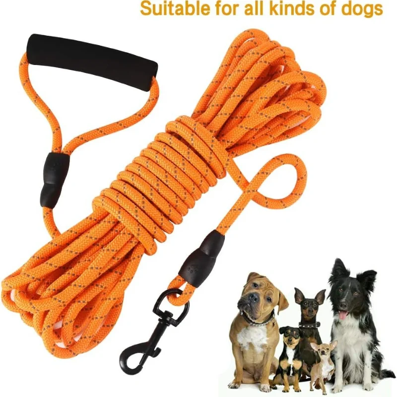 Long Dog Leash 15m Reflective Training Leash for Outside Yard Floating Line with Soft Handle for Camping Hiking Swimming Beach