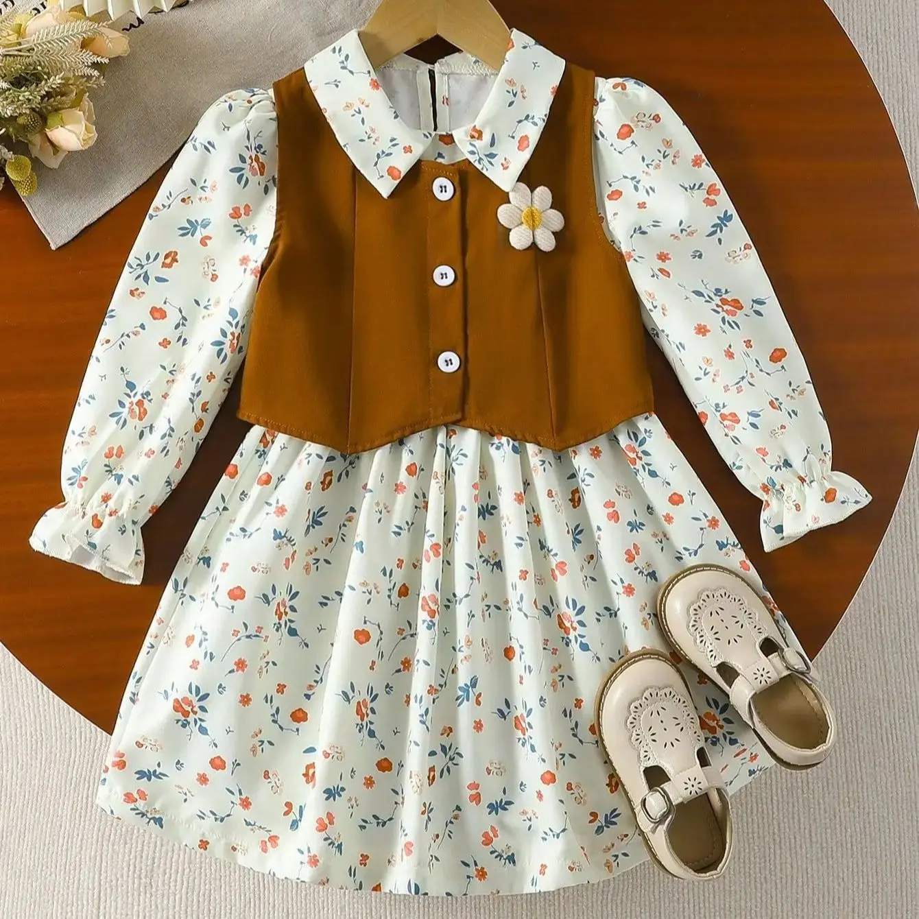 

Kids Girls' School Style Autumn Clothes 2 Pcs Set Long Sleeved Lapel Dress With Vest Outfits Coat Daily Wear Children Clothing