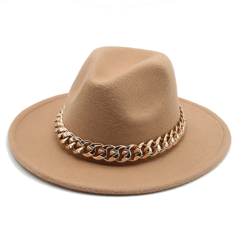 Top Hat Fedora Hat Tibetan Style Gold Necklace British European And American Flat Brim Big Brim Woolen Hat All-matching Sun Hat