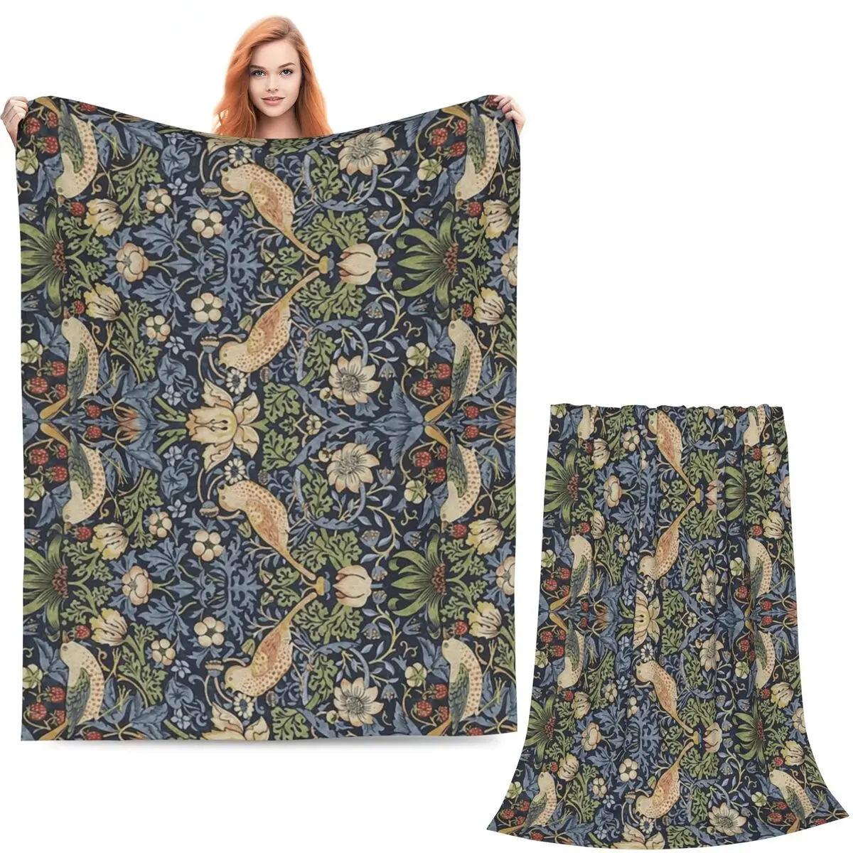 William Morris Strawberry Thief Pattern Blankets Soft Warm Flannel Throw Blanket Cover for Living room Picnic Travel Home Sofa