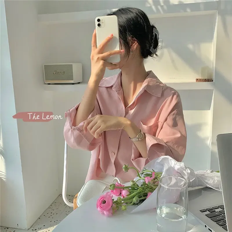 

Long Sleeve Shirts Women Solid All-match Leisure Elegant Sunscreen Clothing Korean Style Popular Trendy Summer Girls College Ins