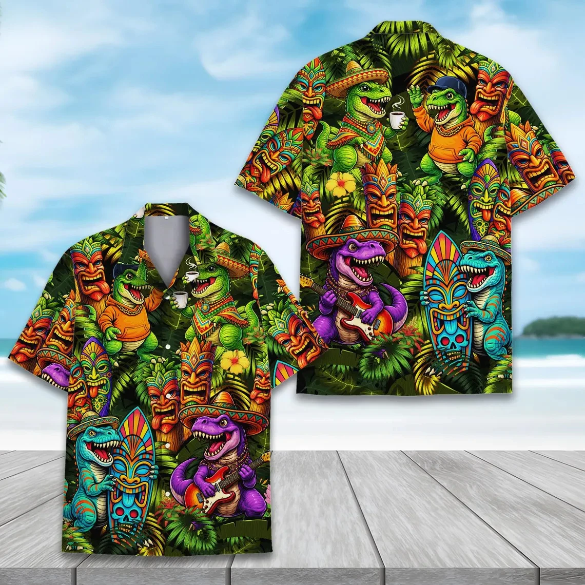 Chemise hawaïenne d'été pour hommes, décontractée, à manches courtes, boutonnée, imprimé dinosaure, éruption volcanique préhistorique, chemise Aloha pour fête sur la plage