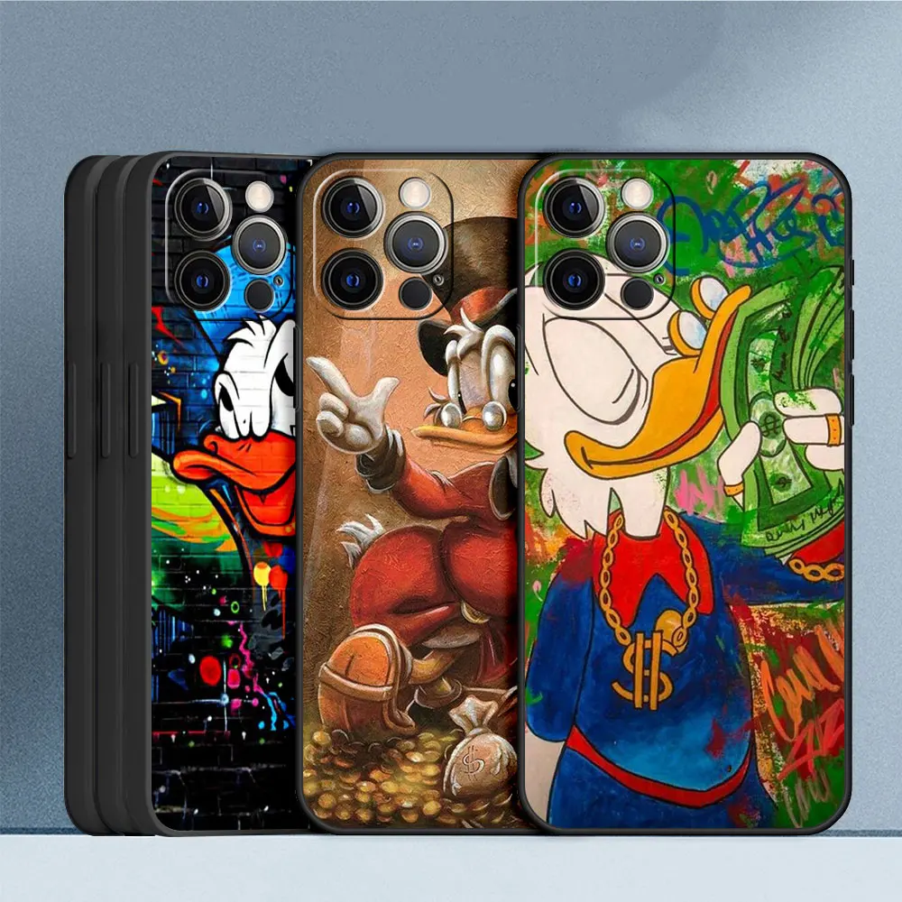 Cute Cartoon Donald Duck Case For Apple iPhone 11 13 14 15 Pro Max 12 Mini 8 7 Plus XR X XS 6 Black Shell Funda TPU Phone Cover image 4