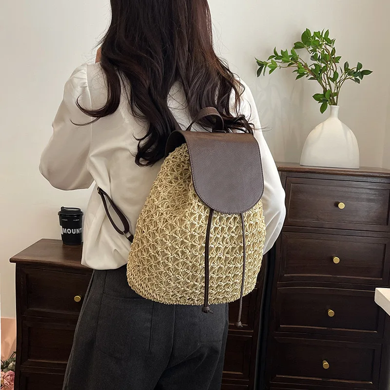 Women's Straw Backpack Summer Boho Bohemian Hollow Shoulder Bag Hobo Crochet Woven Travel Bags for Women Knitted Beach Back Pack