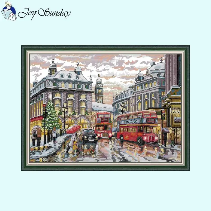 Joy Sunday City Street Series Cross Stitch Kit Aida 16ct 14ct 11ct White Fabric Printed Set DIY Embroidery Set Home Decor Crafts