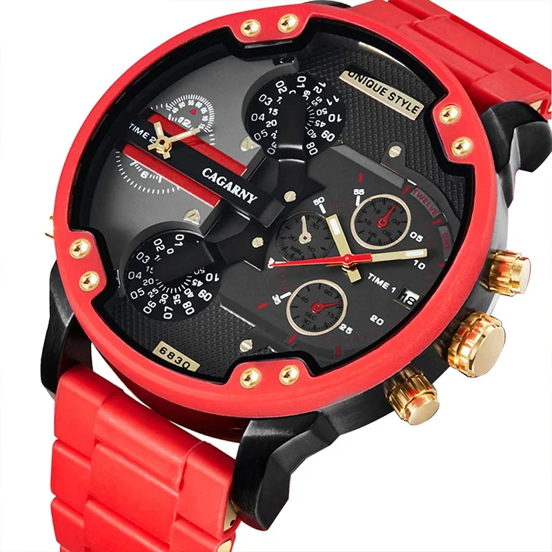 Cagarny DZ Style Quartz Watch For Men Cool Big Case Red Silicone Steel Band Sports Wristwatch Man Military Relogio Masculino