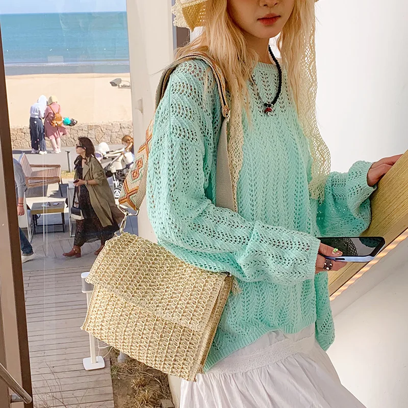 

2025 Summer Shoulder Crossbody Bags Large Capacity Straw Handbags Wide Strap Vintage Beach Vacation Bag