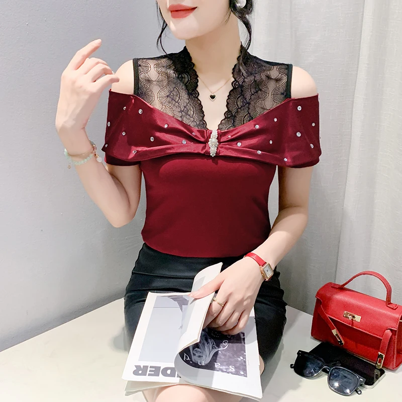 #7222Black White Red Spliced Lace V-neck Off Shoulder T Shirt Women Sexy Skinny Short Tshirt Female Party Tee Shirt Femme Summer