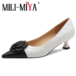 MILI-MIYA Fashion Flowers Brand Style Women Full Genuine Leather Pumps Mixed Color Thick Heels Pointed Toe Office & Carer Shoes