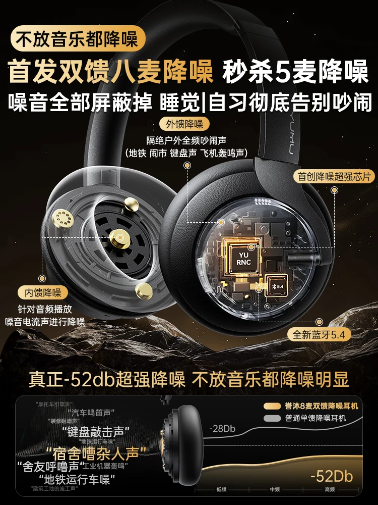 YUMU YM-T1 Active Noise Headset Cancelling CVC Bluetooth Wireless Spatial Audio Headphone 135H Playtime Earphone Over Gaming