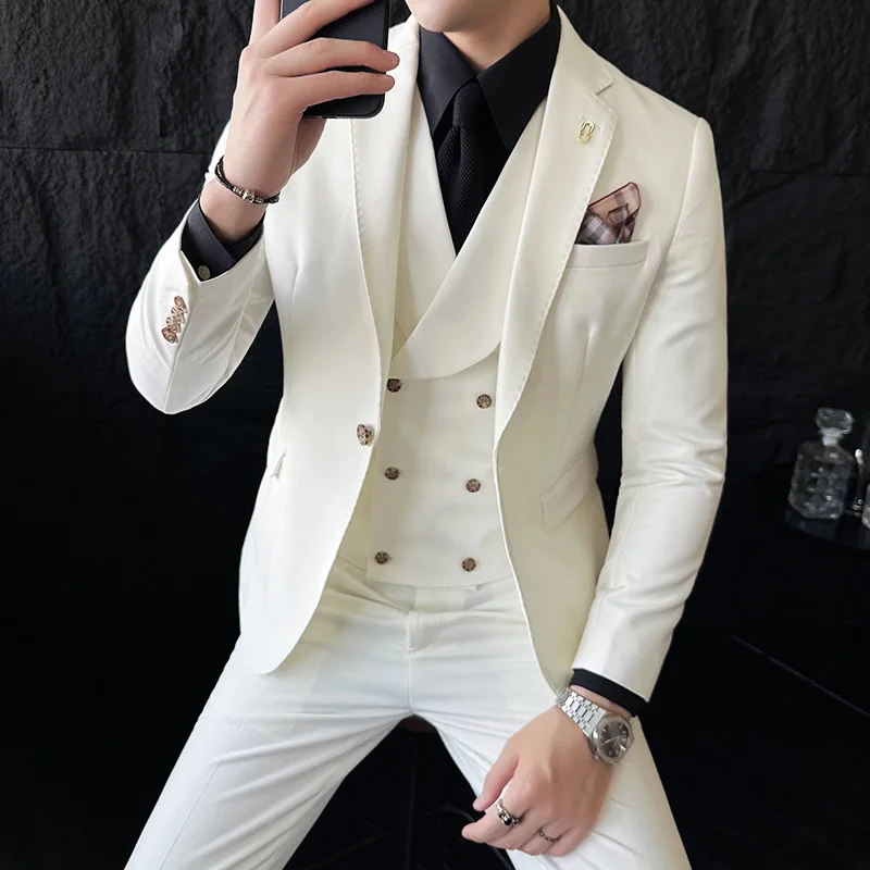 (Jackets+Pants+Vest) High Quality Men Slim Fit Party Tuxedos 3 Pieces Fashion Double Breasted Vest Design Business Wedding Suit