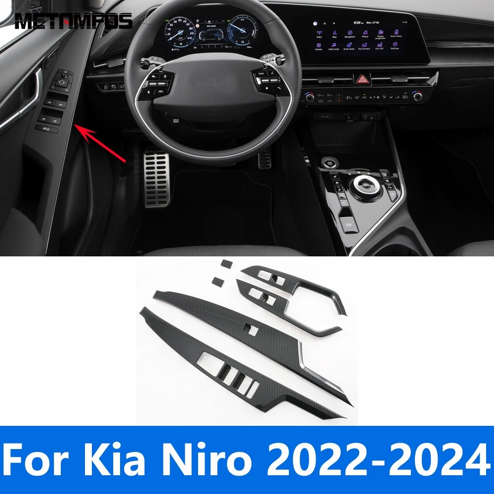 Car Accessories For Kia Niro 2022 2023 2024 Interior Carbon Fiber Window Lift Switch Cover Trim Inside Armrest Decoration Frame