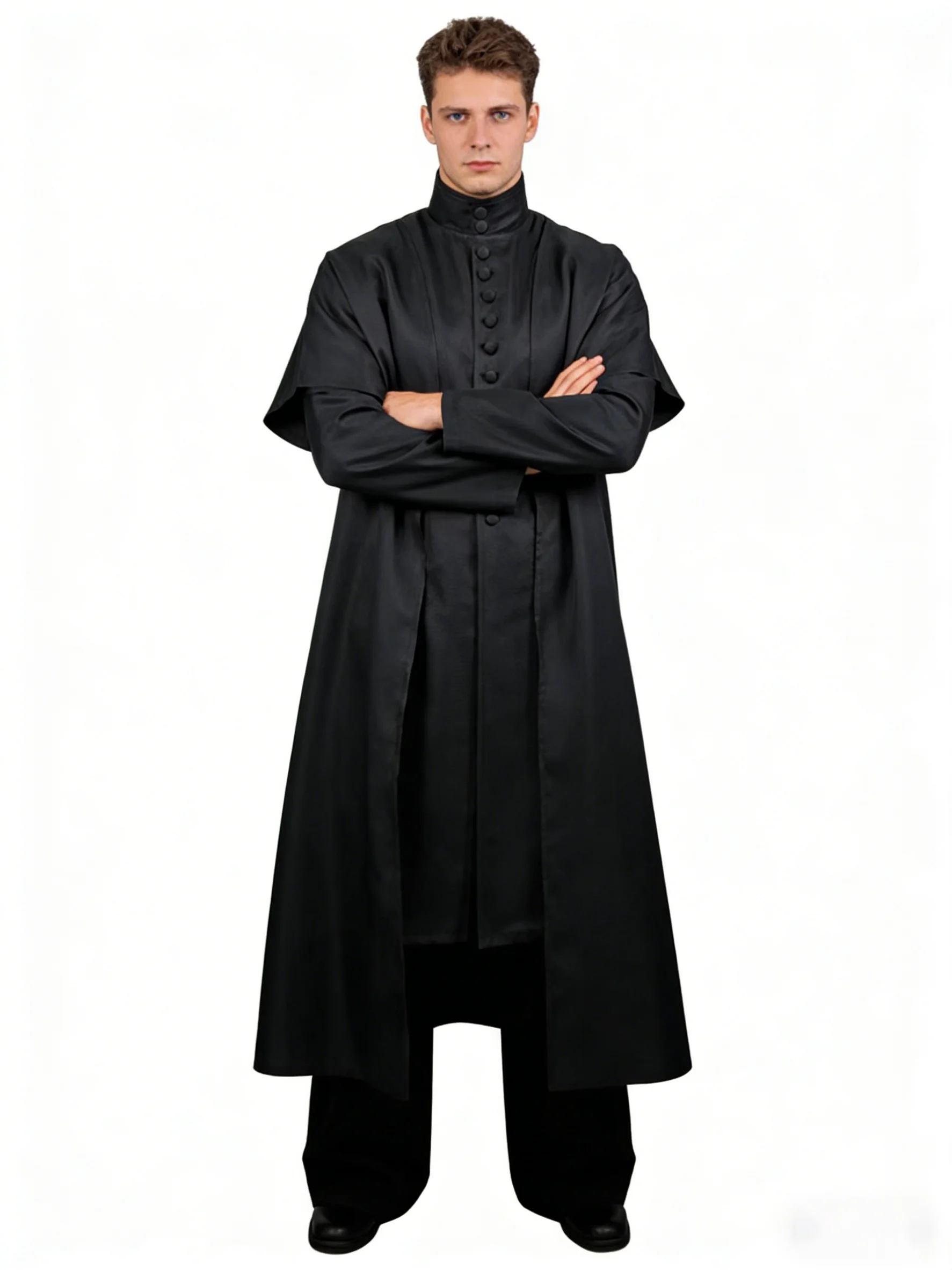 Túnica gótica de sacerdote para hombre, abrigo tipo capa negro de manga larga con cuello alto, disfraz medieval retro para Halloween, cosplay, LARP