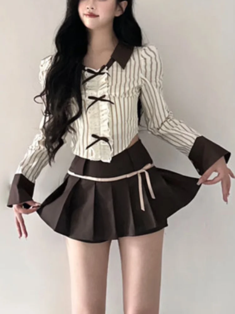

Winter Vintage 2 Piece Set Women Bow Striped Elegant Long Sleeve Shirt + Mini Pleated Skirt Female Korean Fashion Y2k Set 2023
