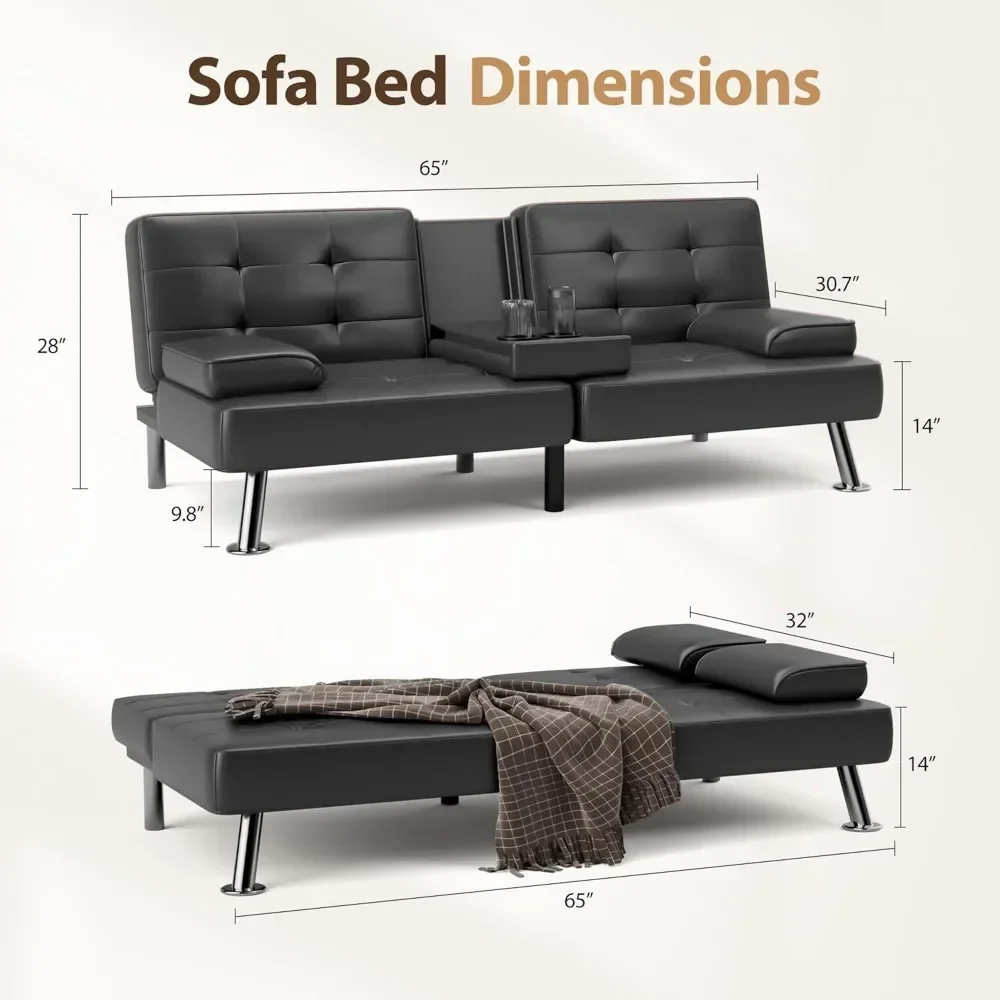 Convertible Folding Futon Sofa Bed Sleeper Couch Faux Leather Upholstered Loveseat w/Removable Armrests, Metal Legs