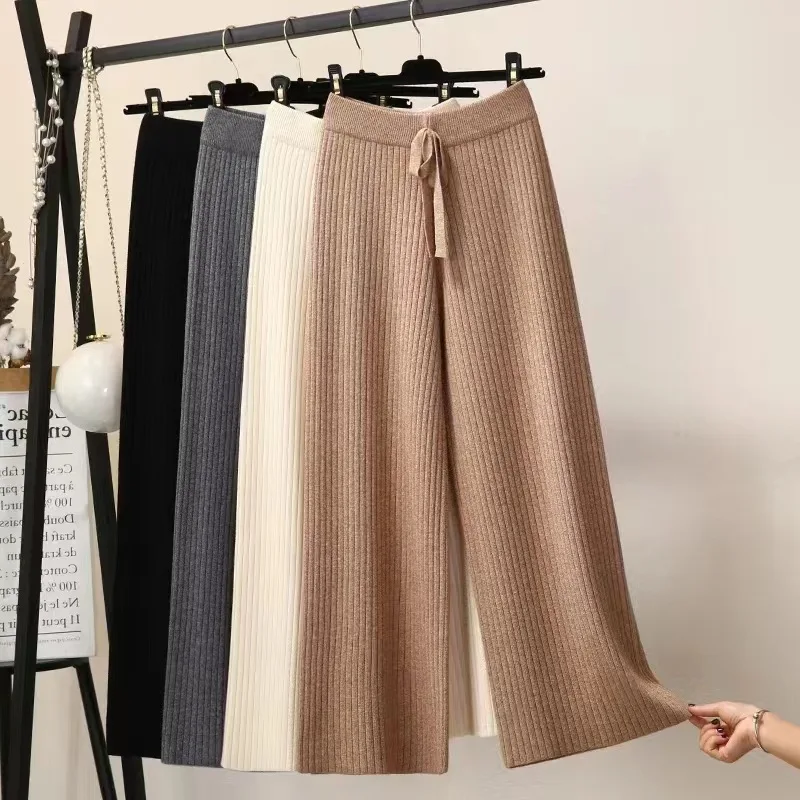 

Spring and Autumn High Waist Straight Leg Wide Leg Pants Women's Drawstring Lace Knitted Pants