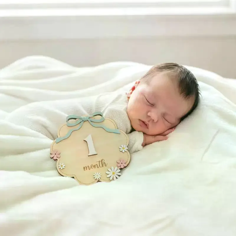 Wooden Baby Monthly Milestone Sign Pink Bow Floral For Newborn Girl Photo Props Natural
