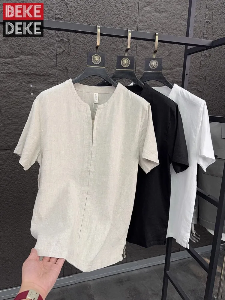 Mens Linen Shirt Short Sleeve O-Neck Solid Color Fashion Harajuku Summer Daily Breathable Office Pullover Casual Shirts Male