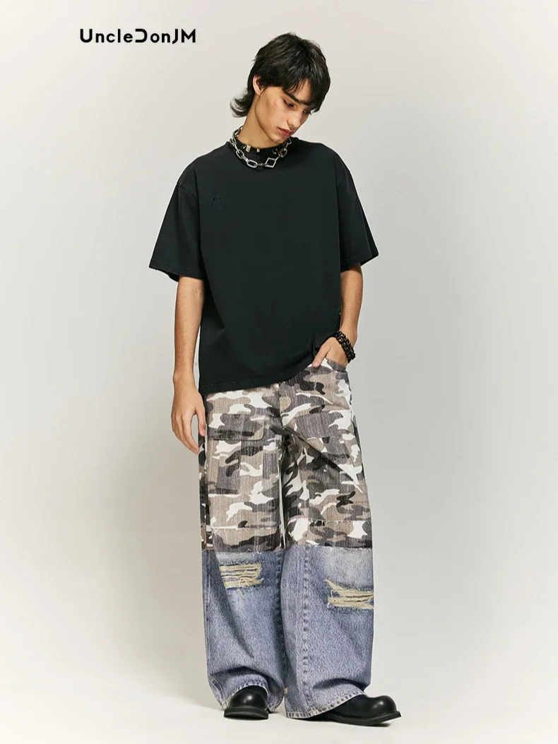 Ripped Stitching Digital Print Jeans Streetwear Men Baggy Jeans Y2k Pants