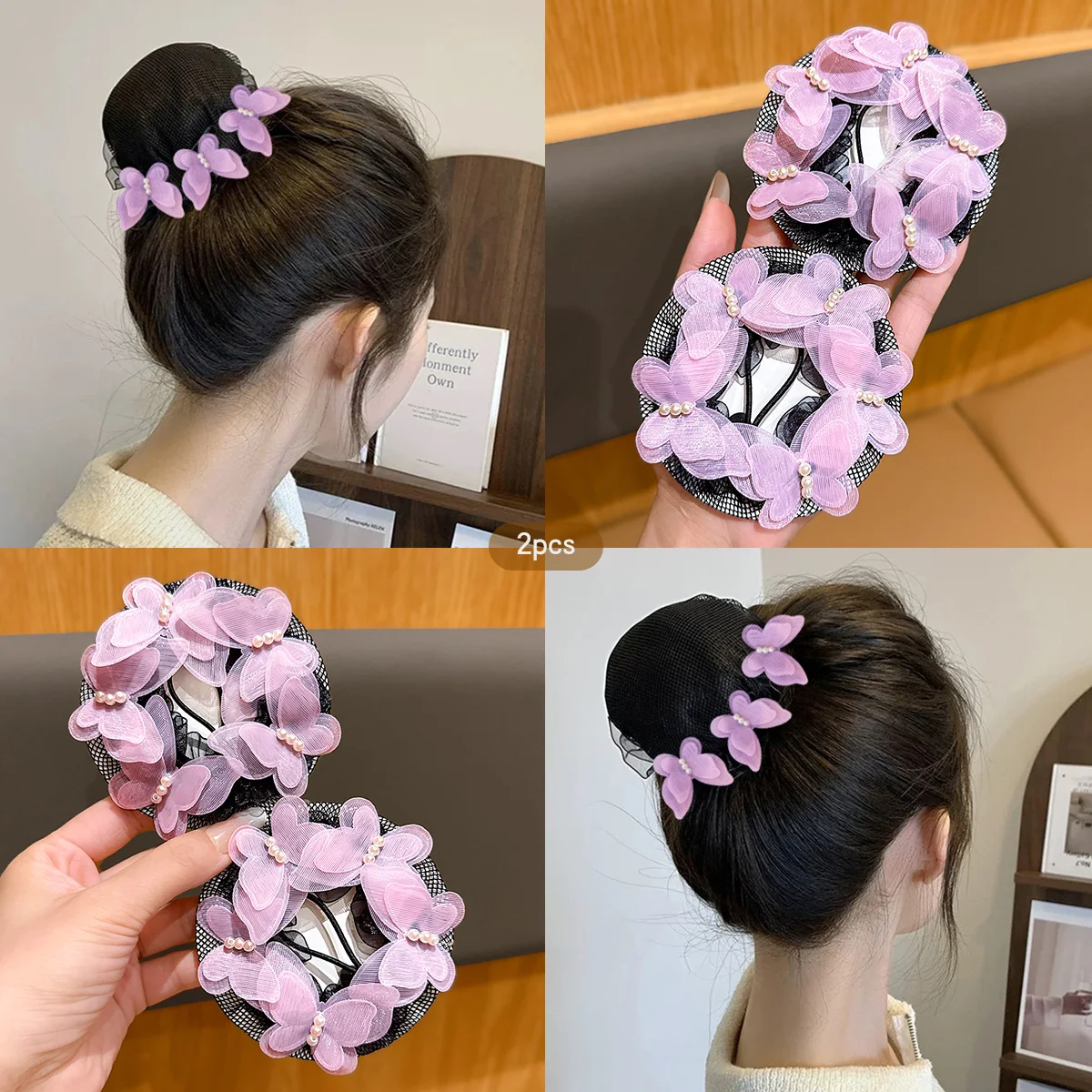 2 Pink Butterfly Hairnet Dance Ballet Latin Dance Hair Accessories Suitable for Daily Use