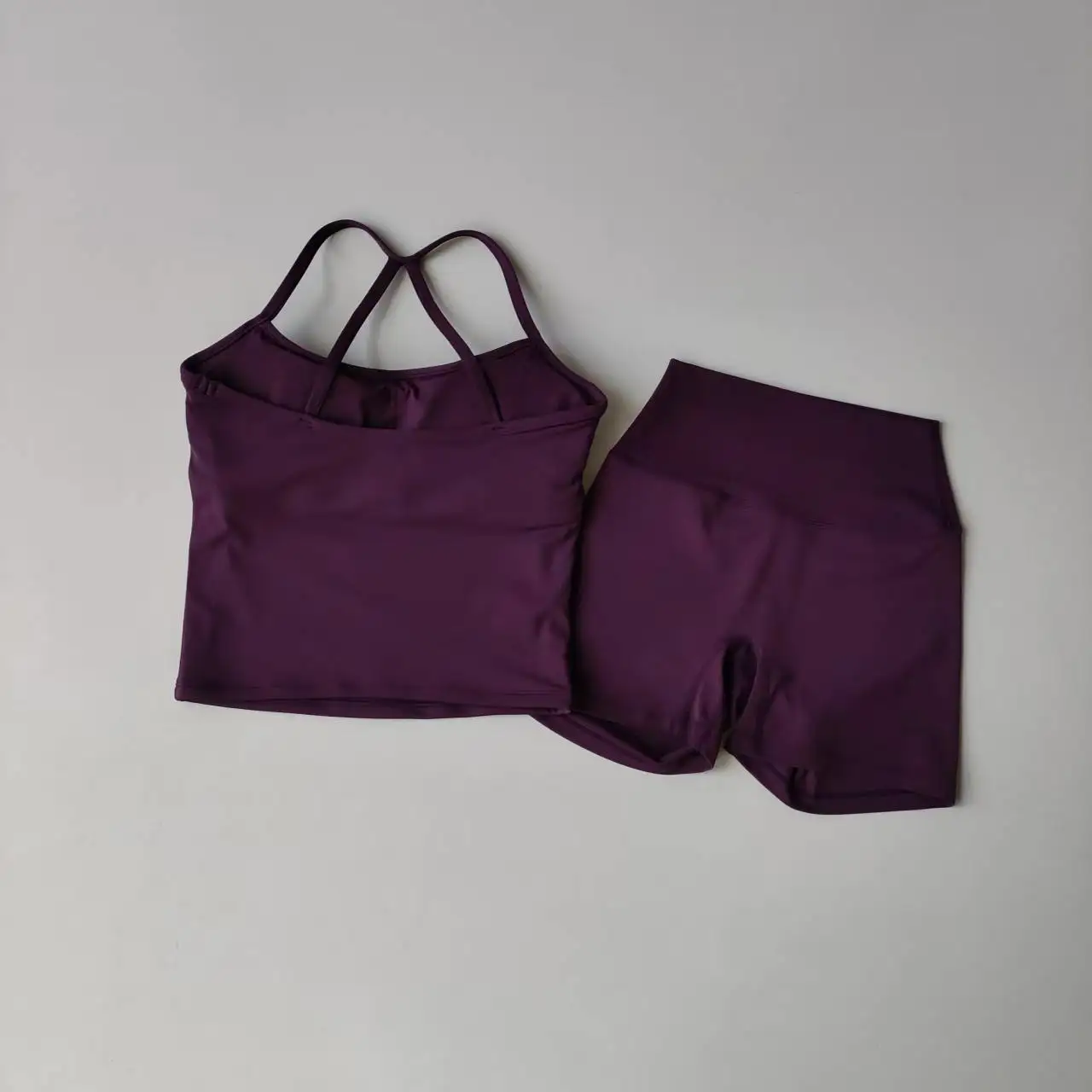 2PCS Yoga Set Nude Sports Bras Longline Strappy Tank Top Scrunch Sports High Waisted Shorts Gym Clothes Summer Workout Outfits