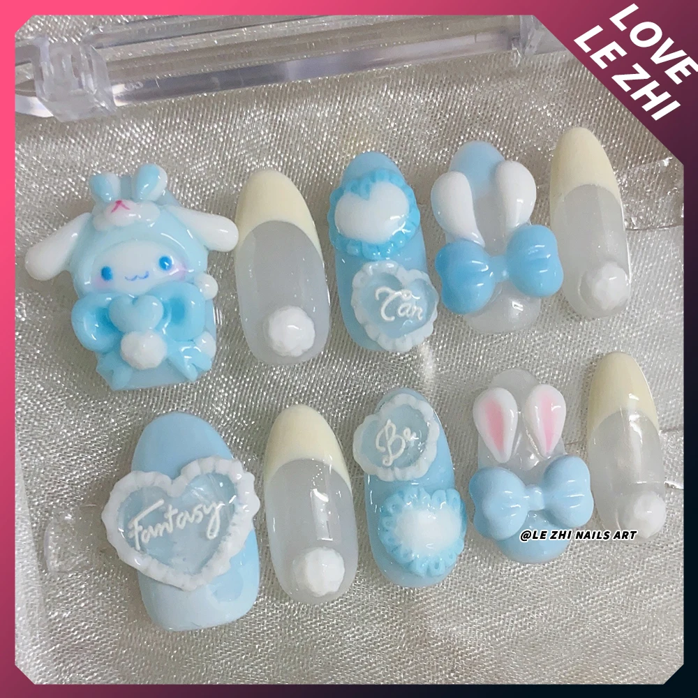 Sanrio Handmade 3D Hello Kitty Cinnamoroll Kuromi Handmade Press On Nails Bowknot Wings Pearl Diamond Wearable Full Cover Nails