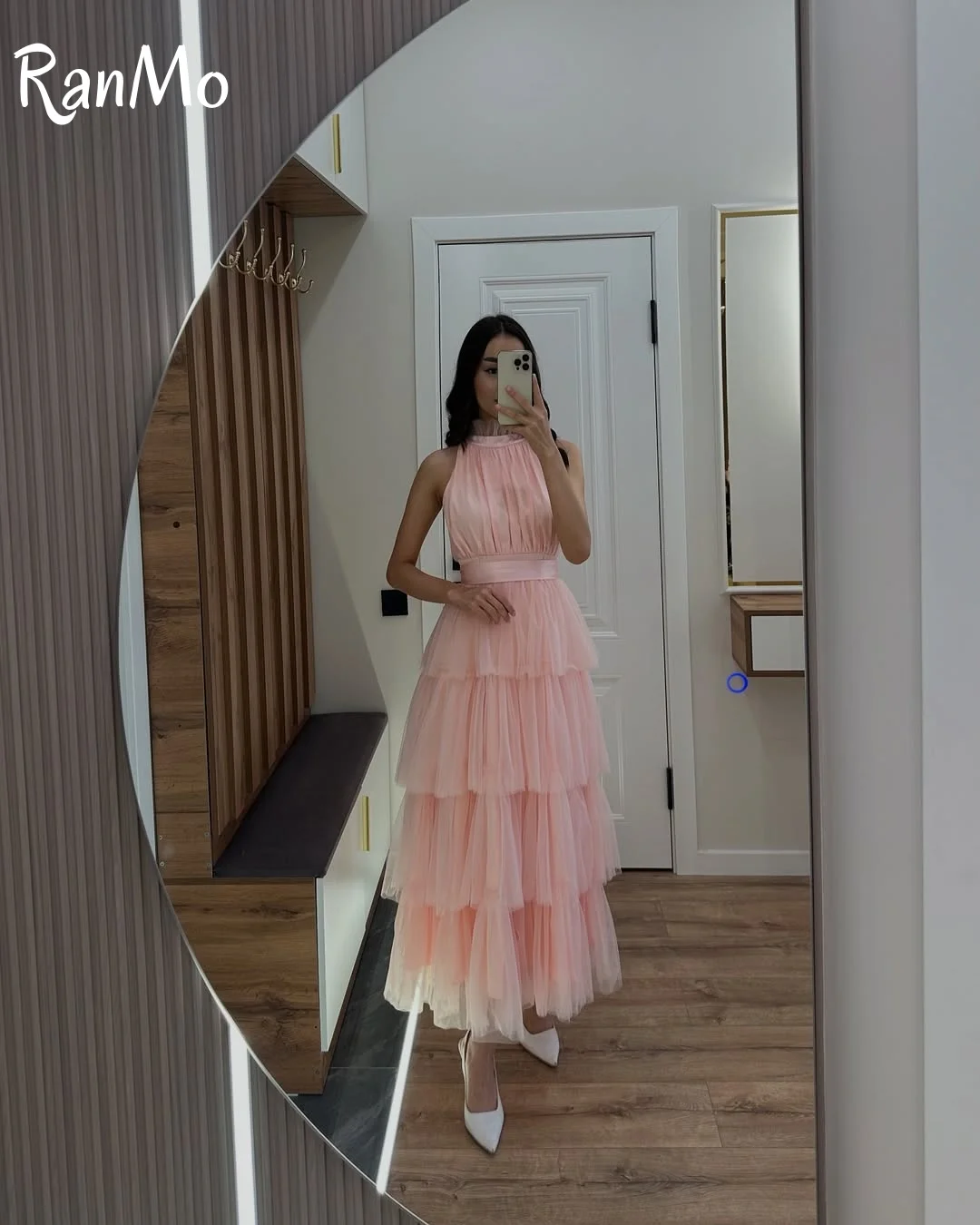 Ranmo Elegant Halter ชุดราตรีสีชมพูสาย Soft Tulle ชุดราตรีชาความยาวซิปด้านหลัง فساتة รัดตัวที่กําหนดเอง 2025